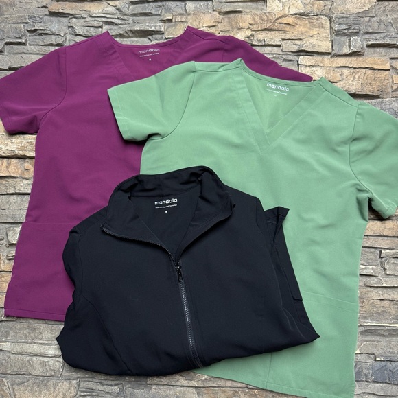 Mandala Scrubs Set Lot 3 Piece Women Medium Jacket Shirt Tops Black Green Purple - Picture 1 of 15